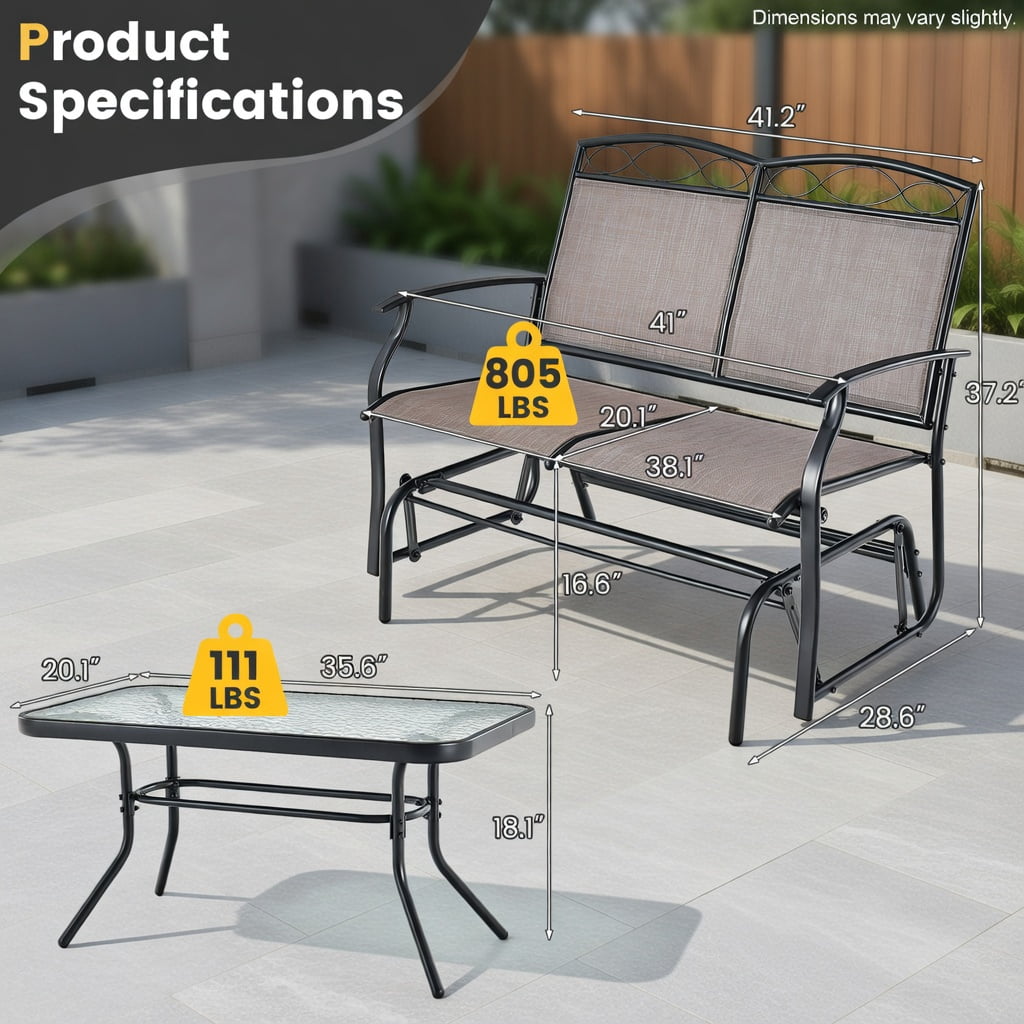 Hommoo Outdoor Gliding Loveseat with Tempered Glass Coffee Table Set, 2-Piece Patio Furniture for Backyard, Porch & Poolside, Metal Frame, Breathable Fabric Seating, Brown