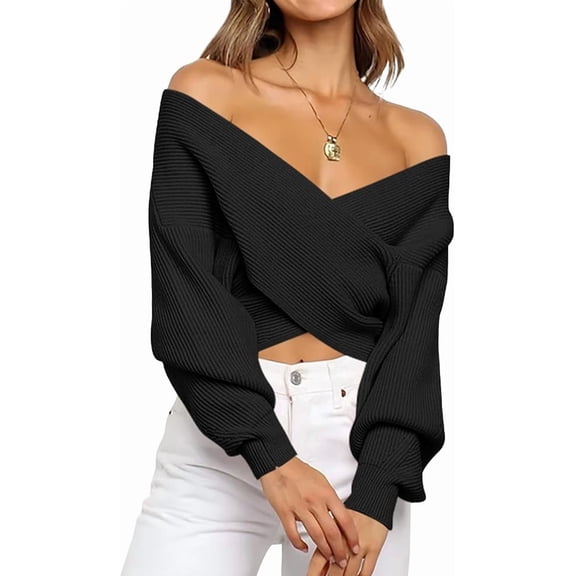 BTFBM Off The Shoulder Sweater for Women Winter Fall Fashion V Neck Long Sleeve Ribbed Knit Wrap Cropped Sweaters