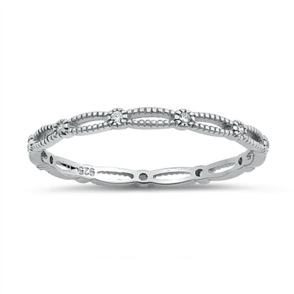 Clear Cubic Zirconia Beaded Design Stackable Ring Sterling Silver Size 6