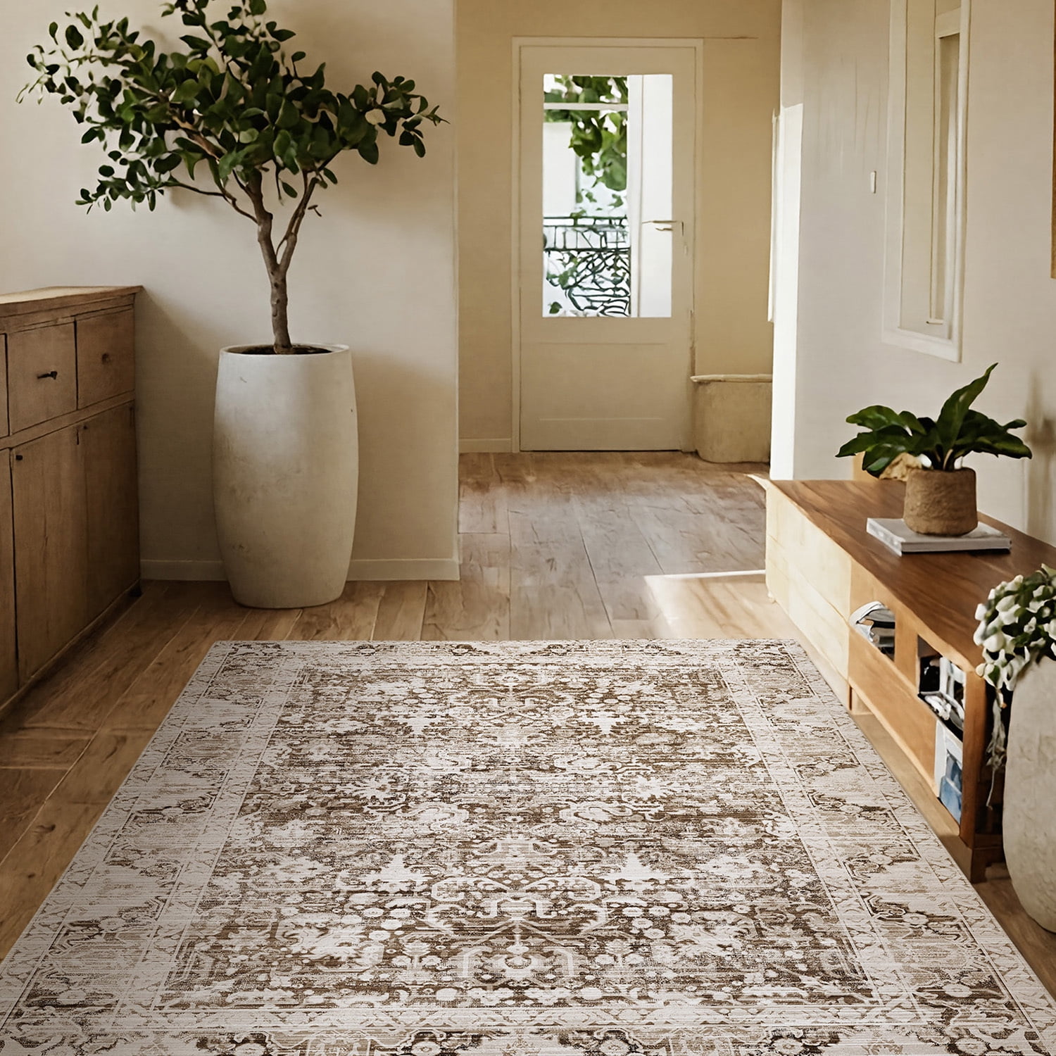 PABUBE Low Pile 4'x6' Boho Area Rug for Living Room, Large Retro Rug Non Slips, Machine Washable Vintage Persian Carpet for Bedroom Dining Room Home Office