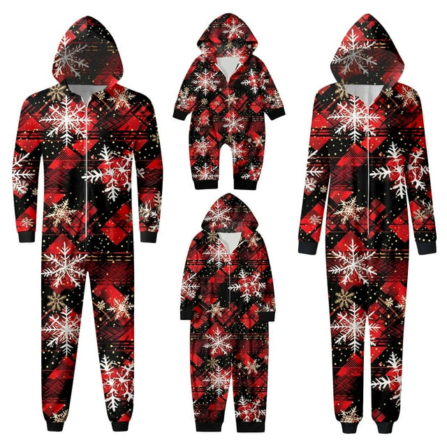 Fgnfyis Pyjamas de Famille à Imprimé de Noël, Tenue d'Intérieur à Capuche, Pyjamas de Noël pour Femmes, Rouge_002 L