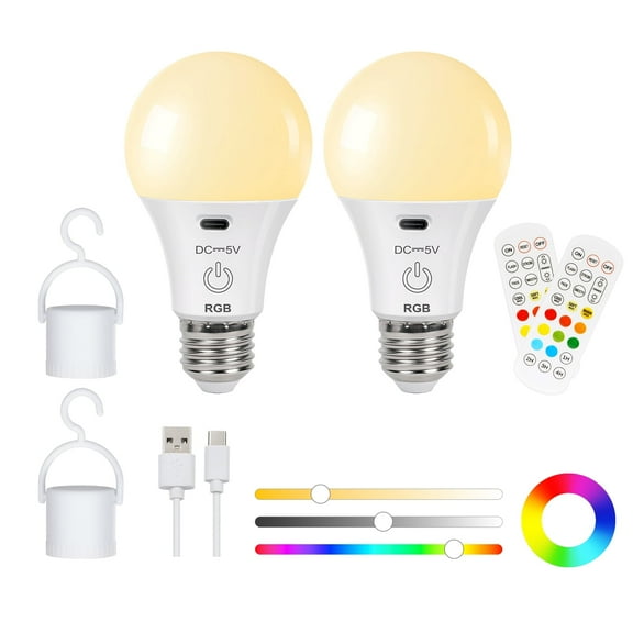 Frideko Home Rechargeable Battery Operated E26 Light Bulb with Remote Control 2 Packs, Dimmable Detachable LED Bulb with 11 Colors Selectable & 3 Timer, Wireless Puck Light Bulb for Wall Sconce