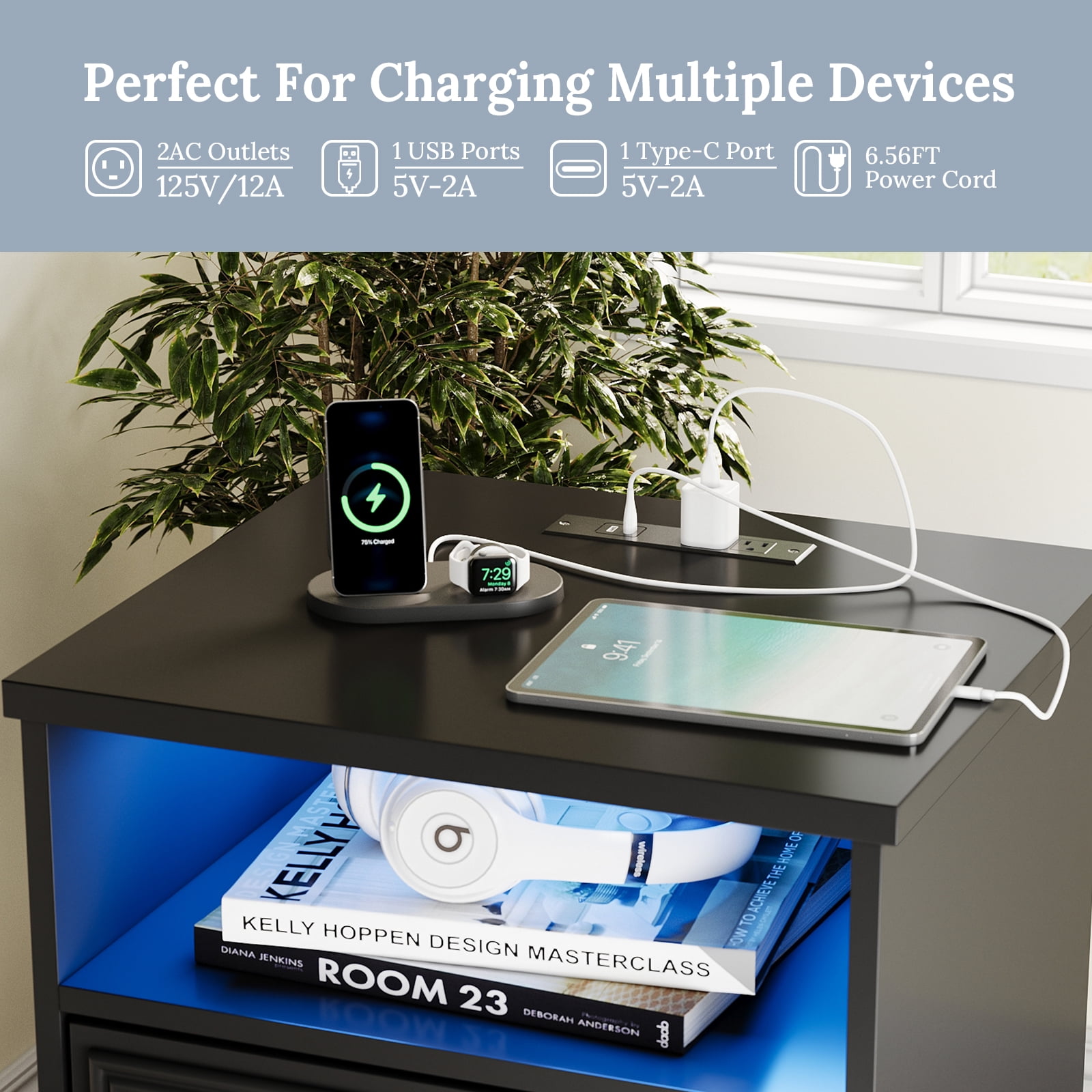LGHM Nightstands Set of 2 with Charging Station & LED Light, Bedside Table with 2 Drawers for Bedroom, Living Room, Gray