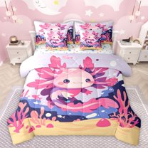 Manfei Kids Children Cartoon Axolotl Bedding Comforter Set 7-Piece,Kawaii Salamander King Bedding Sets,Cute Animal Ultra Soft Bed Sheets,Super Cozy Room Decor,Reversible