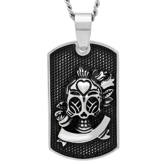 Men’s Stainless Steel Sugar Skull Dog Tag Pendant with Curb Chain - Mens Necklace, 24”