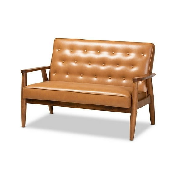 Sorrento Mid-Century Modern Tan Faux Leather Upholstered and Walnut Brown Finished Wood Loveseat