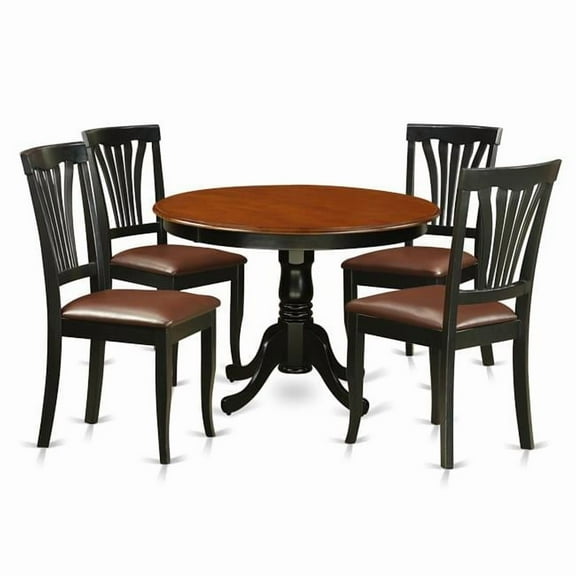 Faux Leather Dining Set - One Round Table & 4 Chairs, Black - 5 Piece - 42 in.