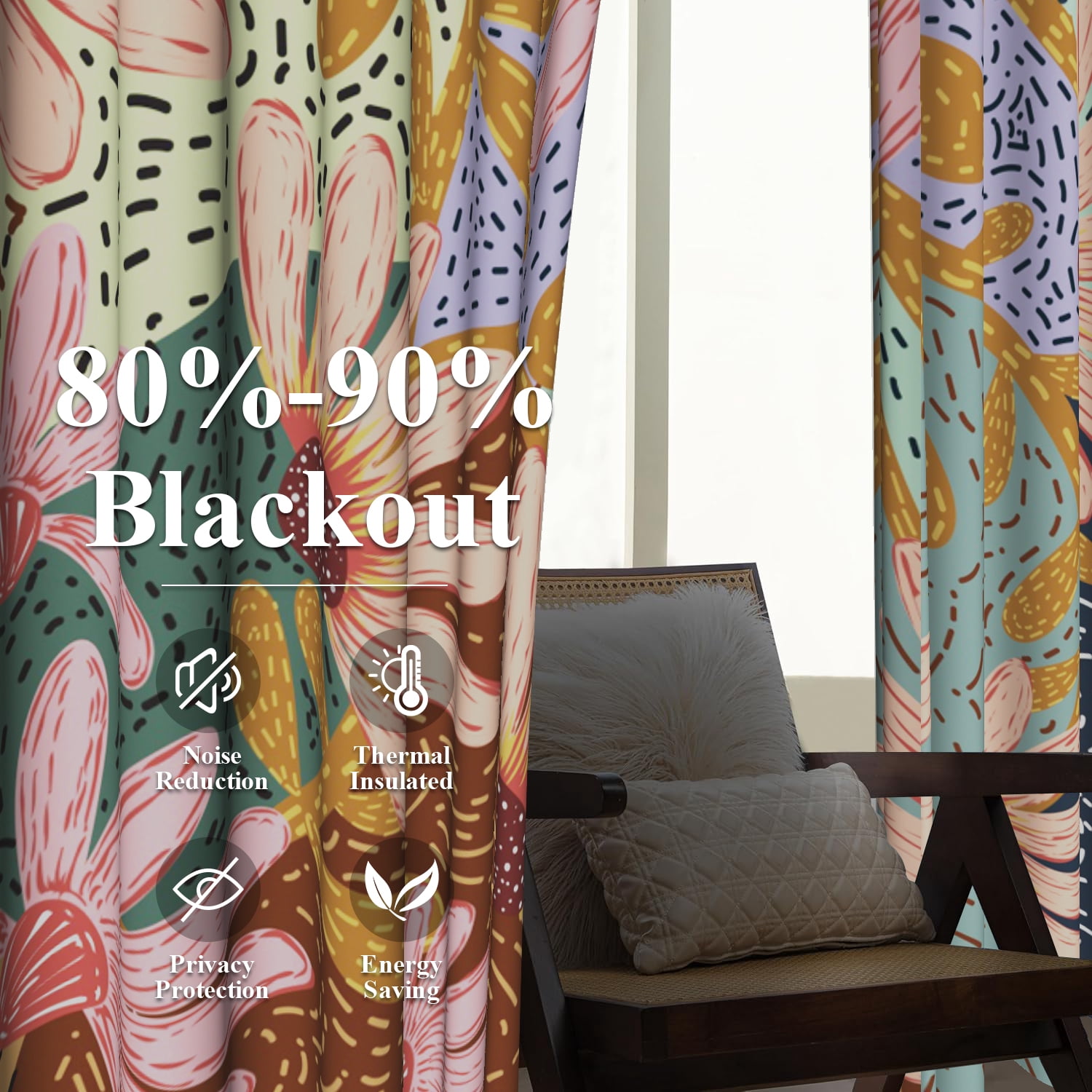 MIZHONA Boho Blackout Curtains for Bedroom,Colorful Floral Printed Room Darkening Curtains Set of 2,42"x63"