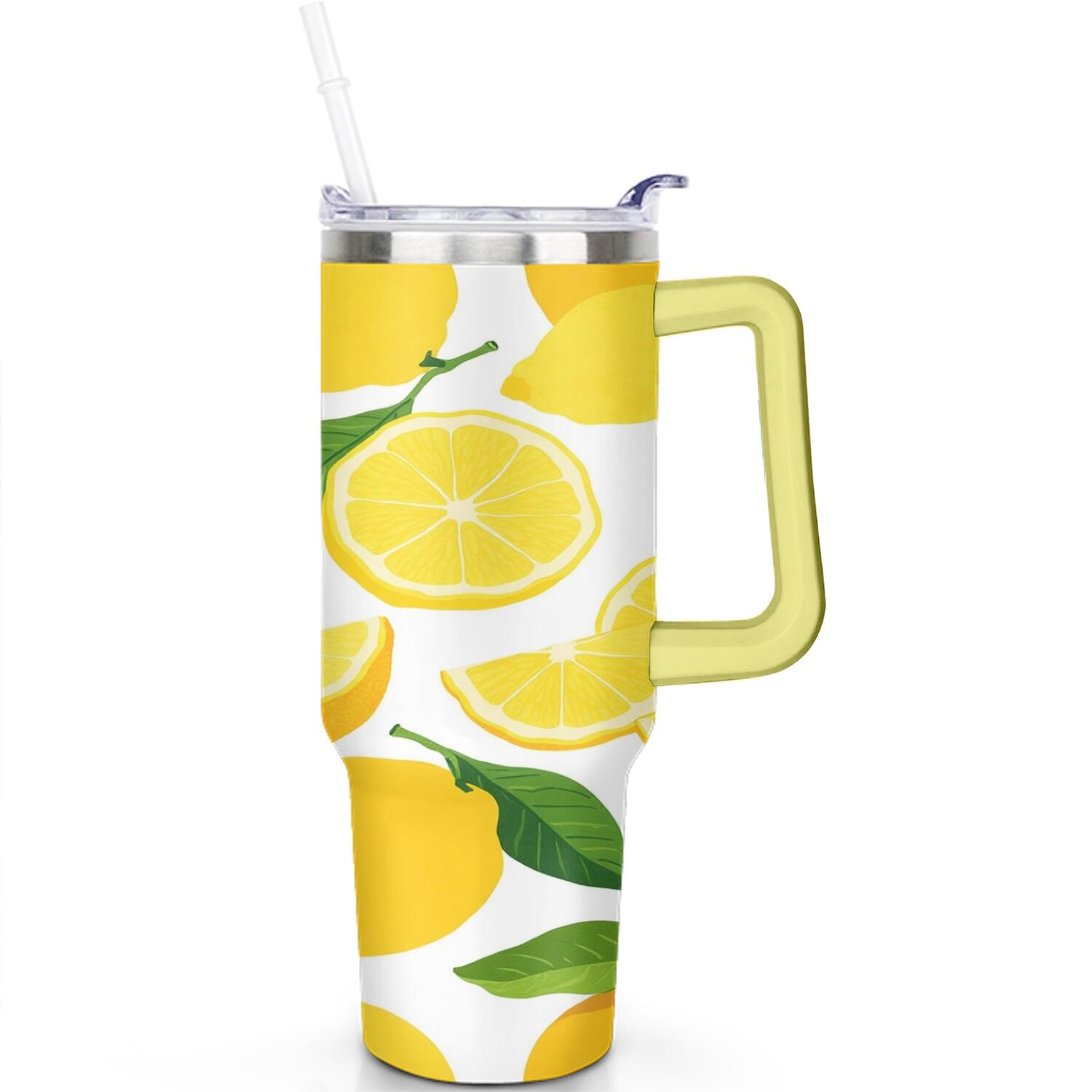 40 oz Lemon Tumbler with Handle Vacuum Insulated Travel Mug Gift for Women Men