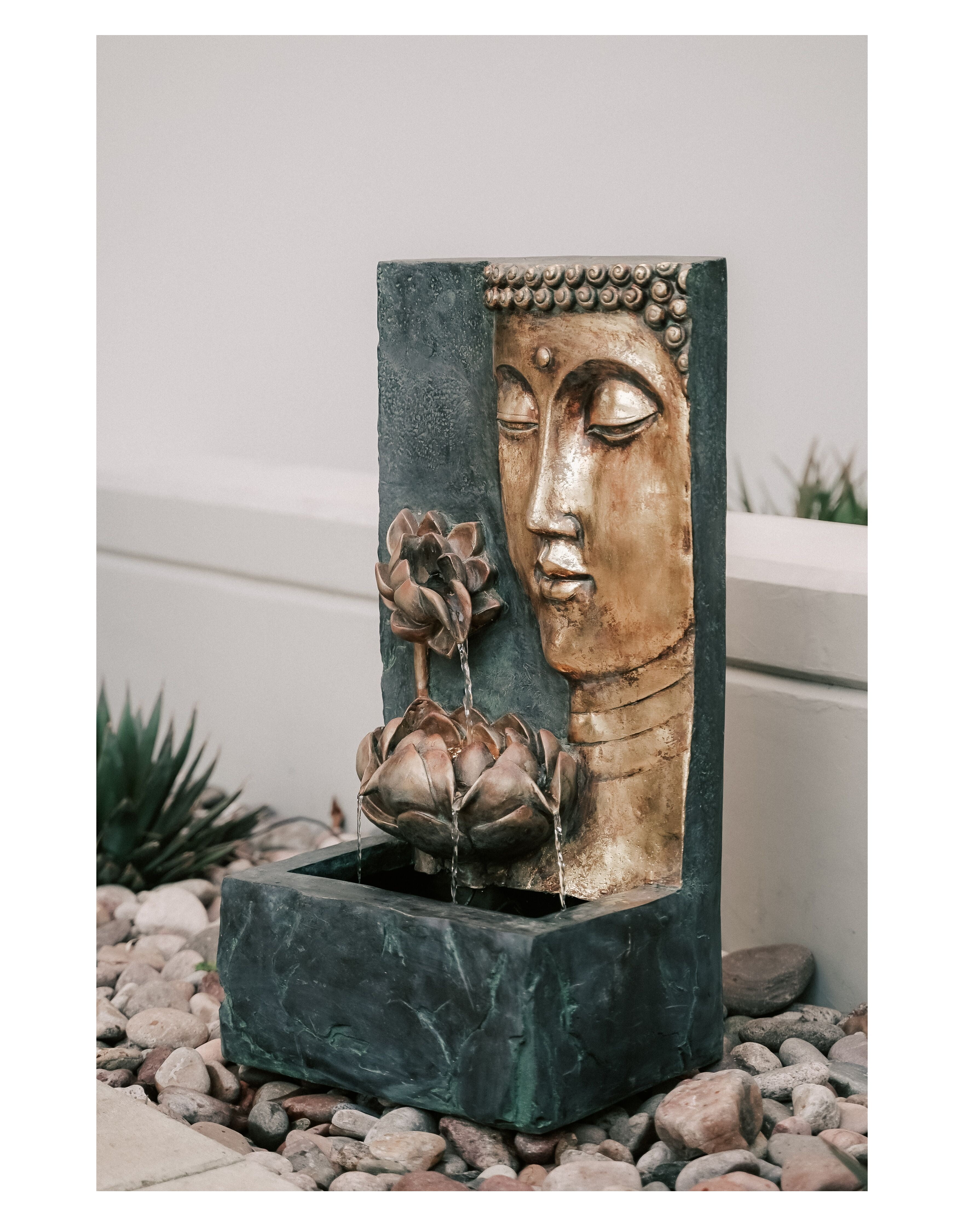 Photo 1 of ***CRACKED*** XBrand Cascading Lotus Buddha Face Indoor Outdoor Zen Water Fountain w/LED Light, 30 Inch Tall, Bronze and Natural Grey 16.14 x 12.2 x 29.92 inches
