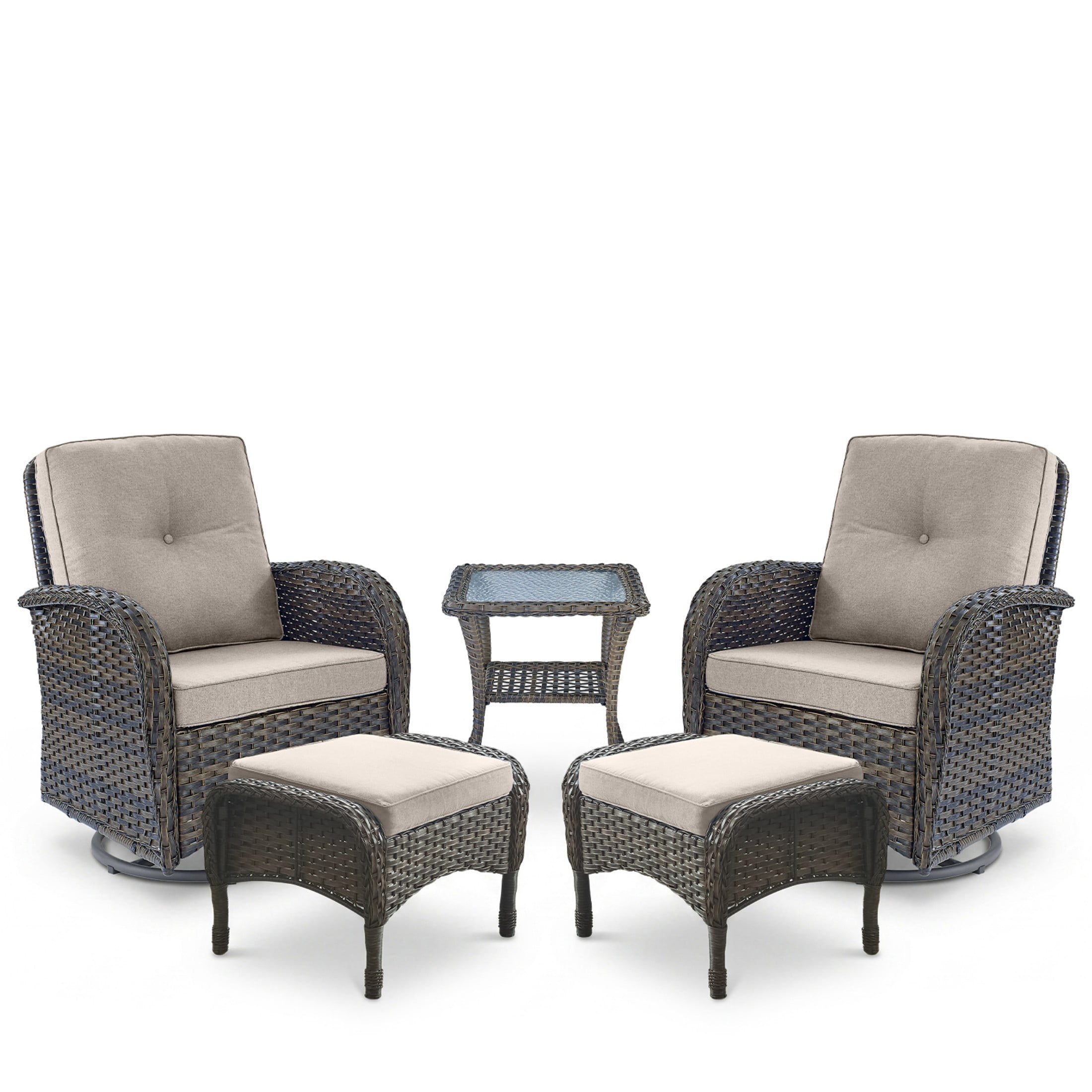 Unnifurnzi 5 Pieces Outdoor Wicker Patio Furniture Set-High Back Outdoor Rocking Chairs Set of 2 with Ottoman Patio Conversation Sets for Deck Lawn Porch Balcony Poolside-Brown/Beige