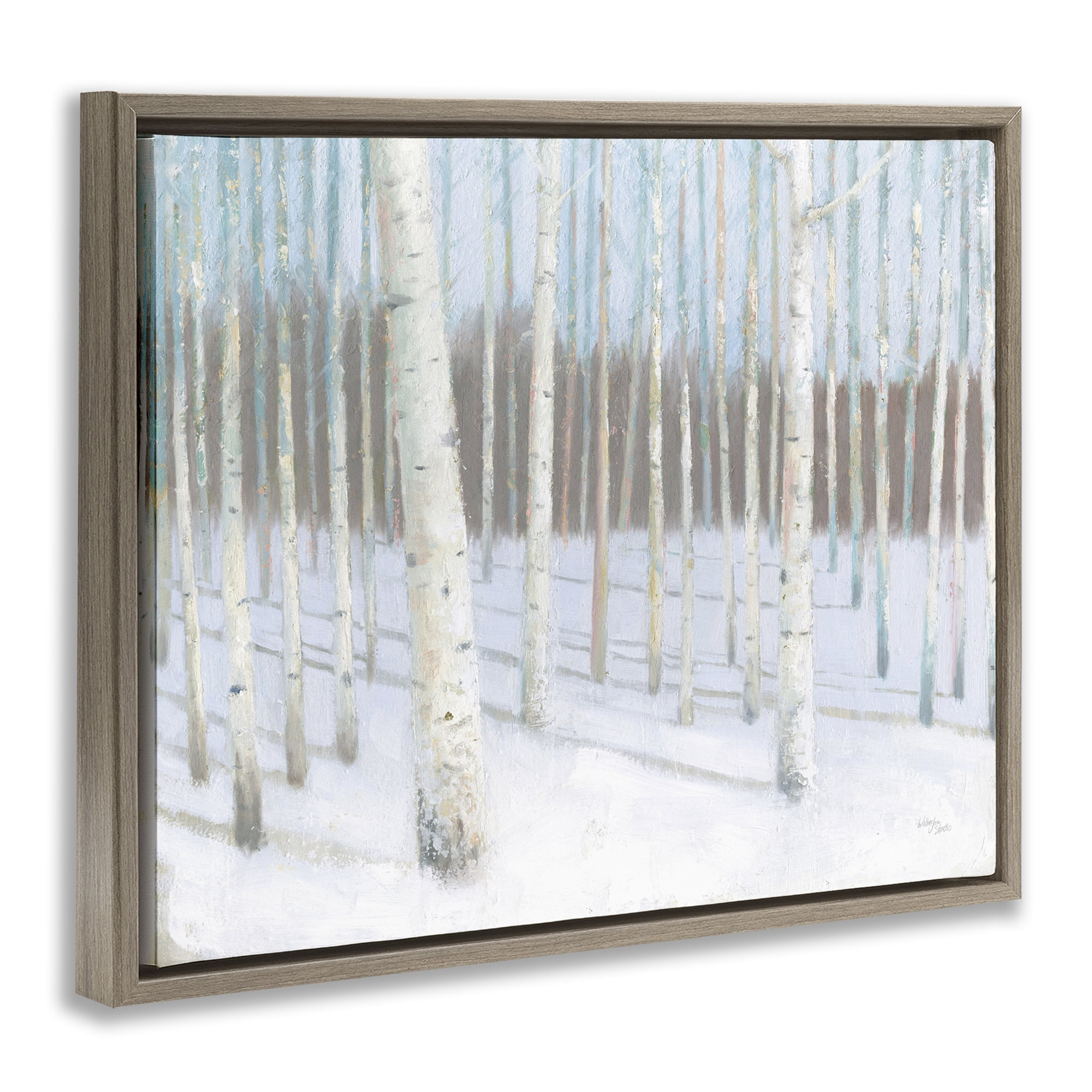 Stupell Industries Winter Birch Forest Landscape & Nature Painting Brown Floater Framed Canvas Art Print Wall Art, 31 x 25