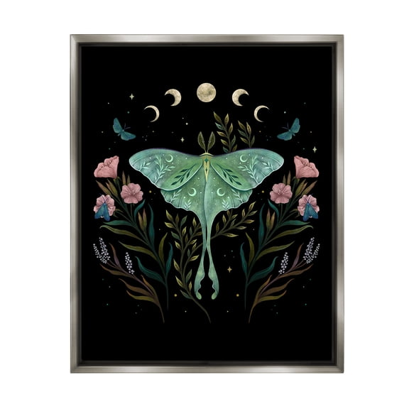 Stupell Industries Luna Moth with Florals Animals & Insects Painting Gray Floater Framed Canvas Art Print Wall Art, 17 x 21