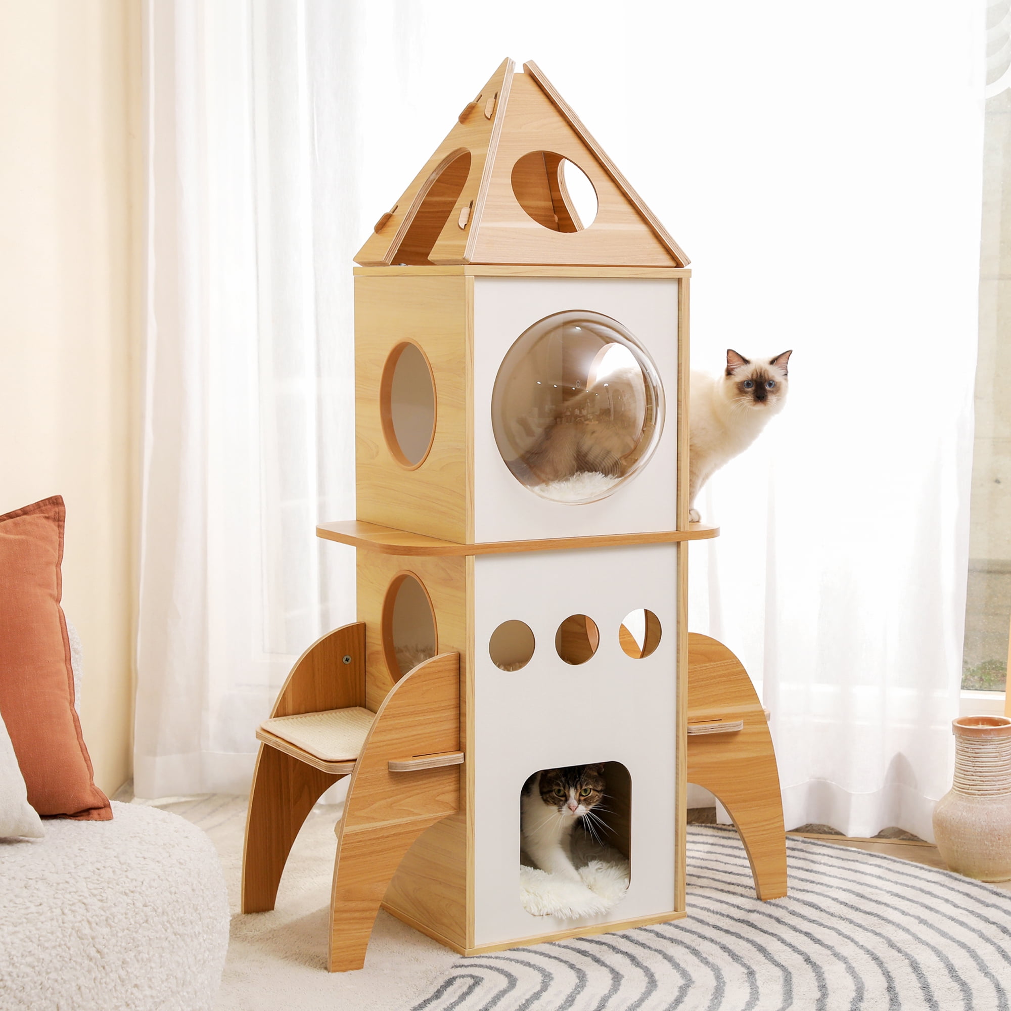 Pefilos 54" Multi-Level Cat Tower for Indoor, Cat Tree Rocket Shape Condo for Multiple Cats with 3 Condos, Dangling Balls, Attic Perch, Beige