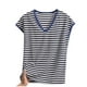 thumbnail image 2 of Pijama de manga corta para mujer, informal, holgado, a rayas, con cuello en V, de verano, fino, de poliéster, 2 of 3