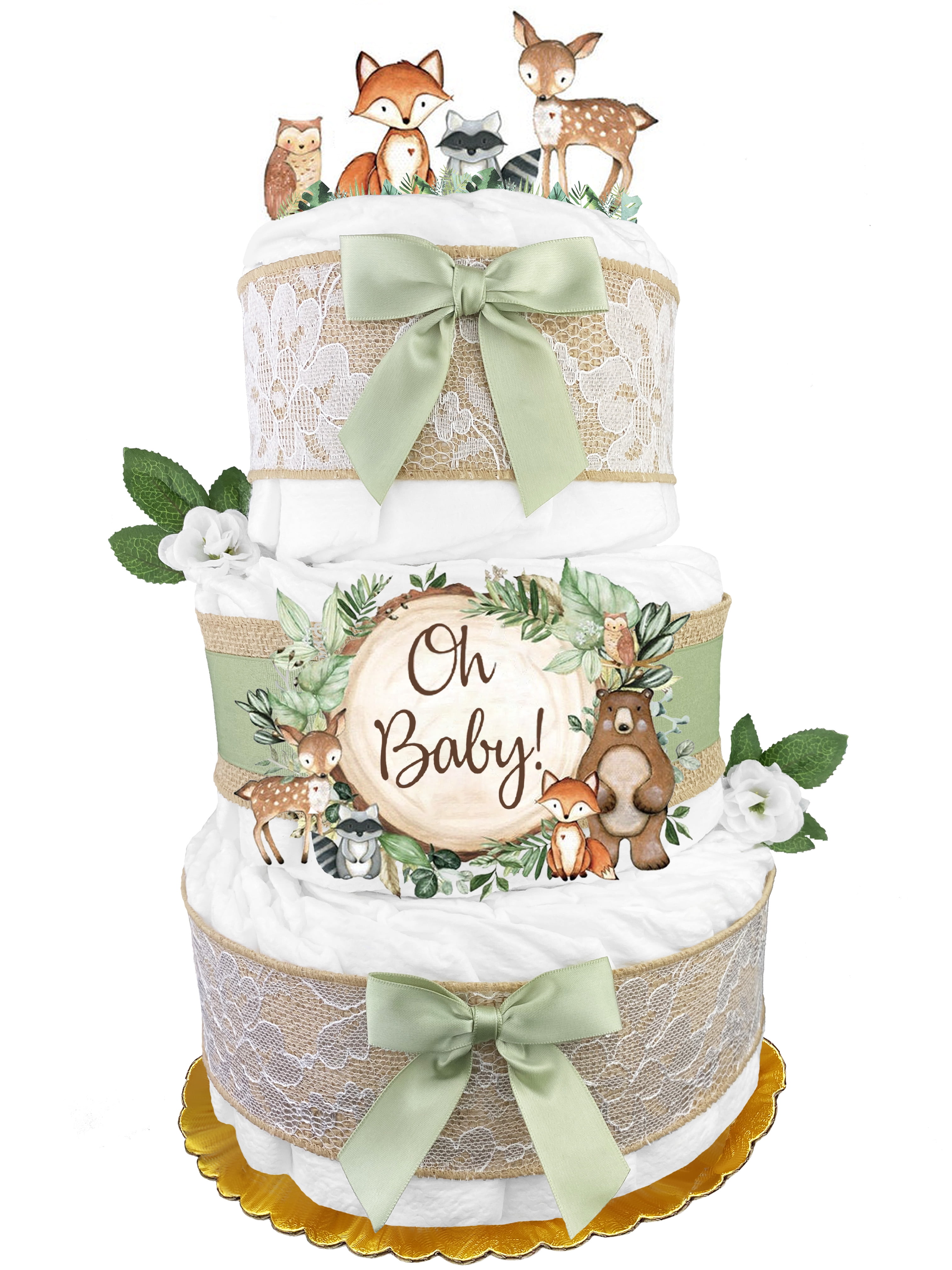 Woodland Creatures Diaper Cake For A Boy Or Girl Gender Neutral Baby Shower Gift Gender Reveal Gift Sage Green Walmart Com