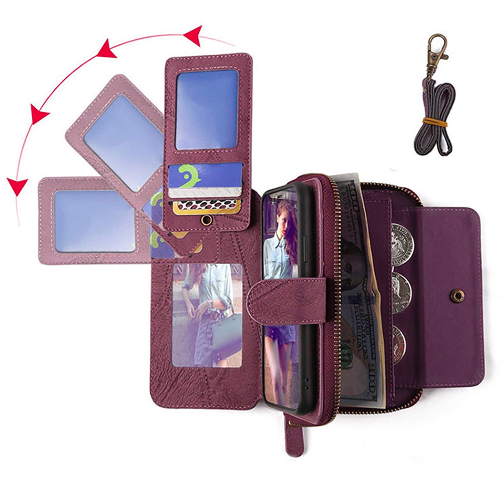 For Samsung Galaxy S25+ Wallet Case with RFID Blocking Credit Card Holder, Detachable Wallet Phone Case Magnetic Closure Flip Kickstand PU Leather Flip Lanyard Strap Wristlet Zipper Purse,Winered