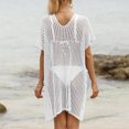 thumbnail image 4 of Swimsuit Coverup for Women Short Sleeve V Neck Side Slit Crochet Knit Loose Mini Dress Beach Cover Up Bathing Suit Dress, 4 of 5