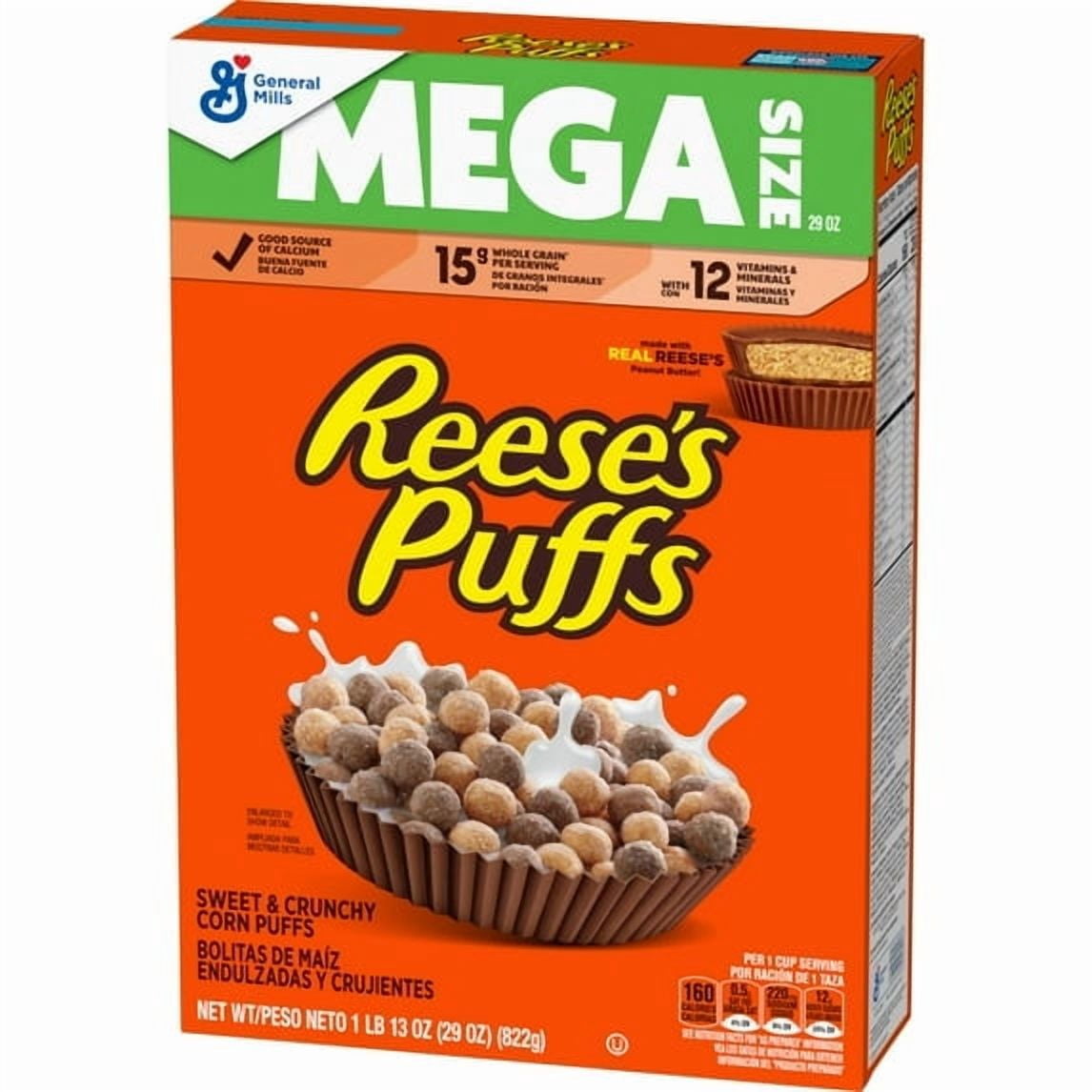 REESE'S PUFFS Breakfast Cereal, Chocolatey Peanut Butter Cereal, Mega Size, 29 oz(pack of 4)