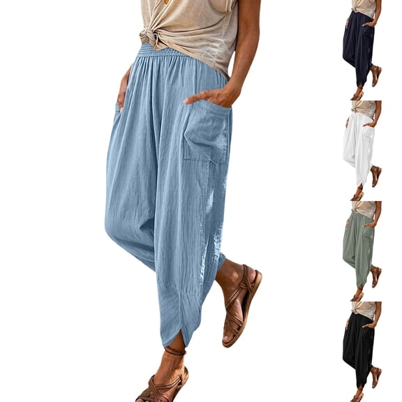 Breezora Women's Cotton Linen Harem Pants Summer Lightweight Elastic Waist Baggy Loose Fit Breathable Daily Trousers With Pockets