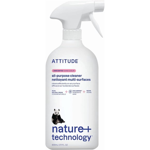 ATTITUDE Nettoyant Tout Usage, Fabriqué au Canada, Produits Multi-Surfaces Vérifiés EWG, Végétalien, Vaporisateur Nettoyant Polyvalent, Non Parfumé, 800 ml