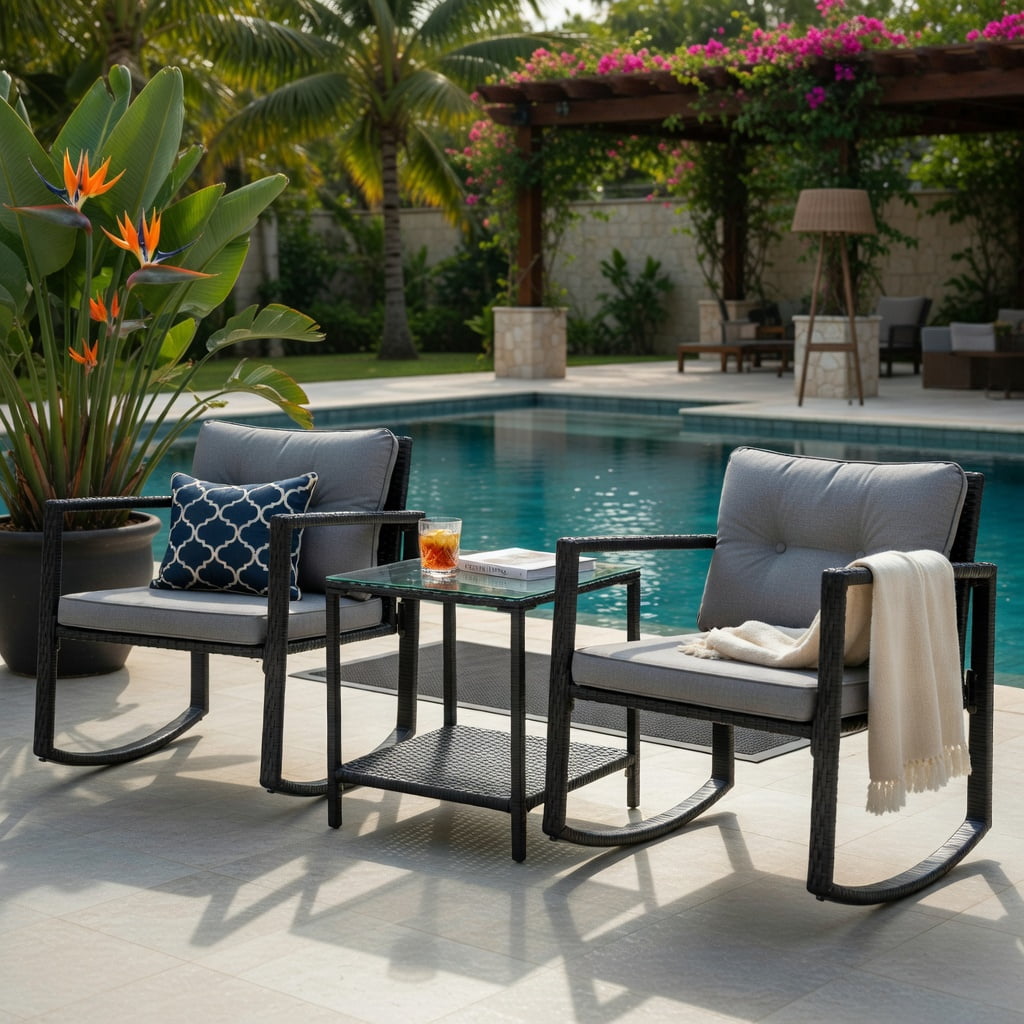 Hommoo 3-Piece Outdoor Rattan Patio Set with Rocking Chairs & Tempered Glass Table, Gray