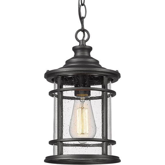 Emliviar Outdoor Hanging Light - 12.4" Pendant Lantern for Front Porch, Seeded Glass Shade in Black Finish, XE229H BK