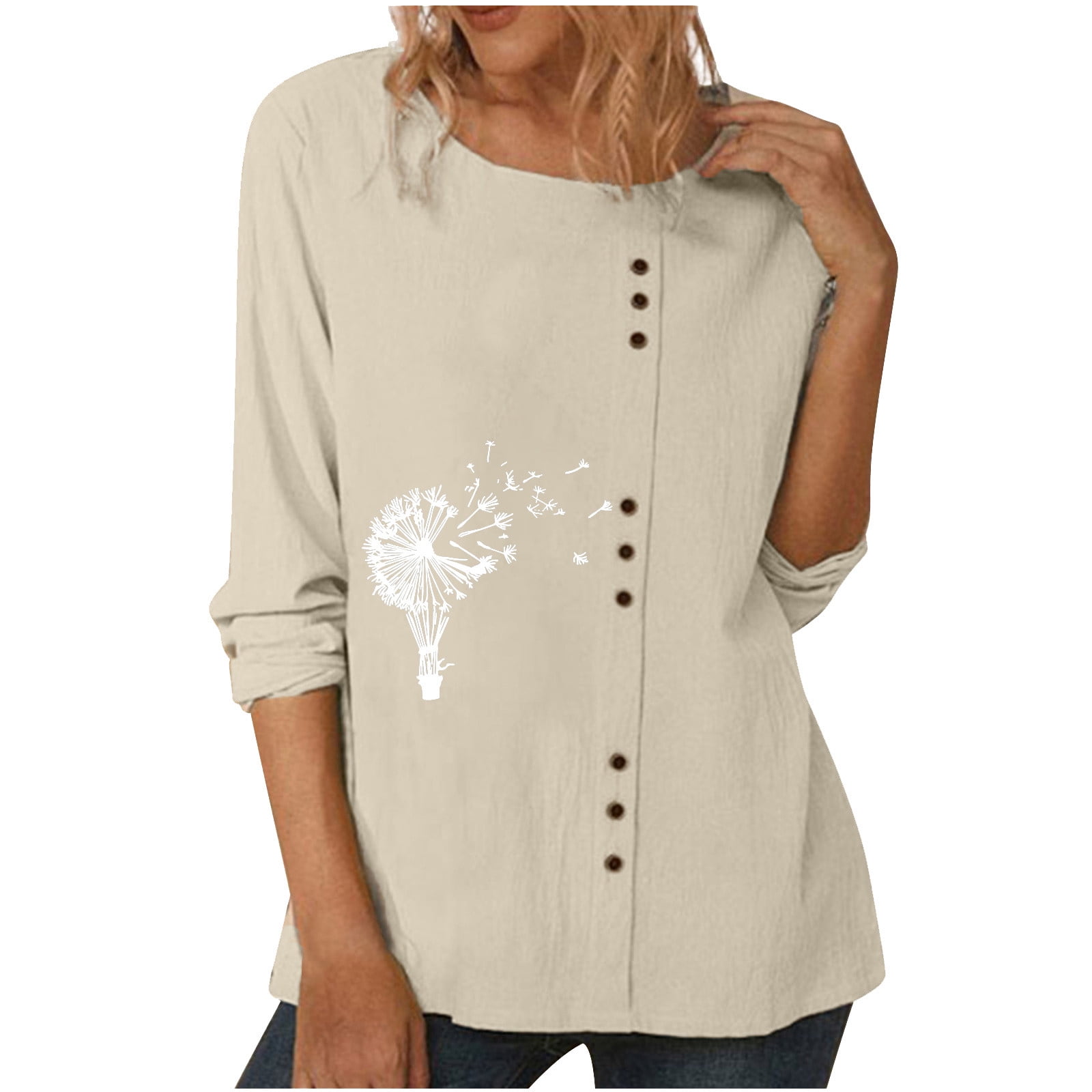 Blvb Casual Tops For Women Round Neck Button Front Print Cotton Linen Shirts Comfy Lightweight Long Sleeve Blouses Other