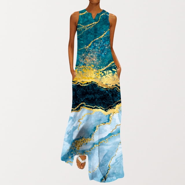 SMihono Robe Maxi Bohème d'Été pour Femmes Grande Taille Mode pour Femmes Col en V Sans Manches Soirée d'Été Fête Imprimée Dames Poche Gilet Longue Robe Plage Évasée Robe d'Été