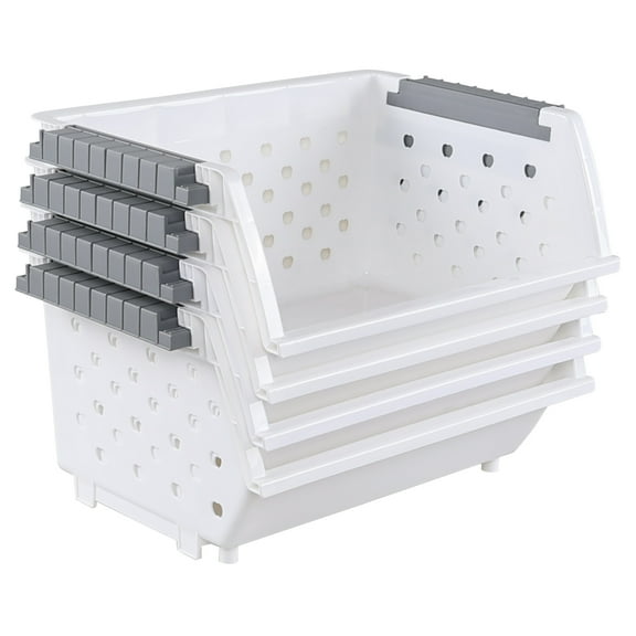 Lasbily Set of 4 Plastic Stackable Storage Baskets, Stackable Organizer Bins for Kitchen, Pantry and Bathroom, White