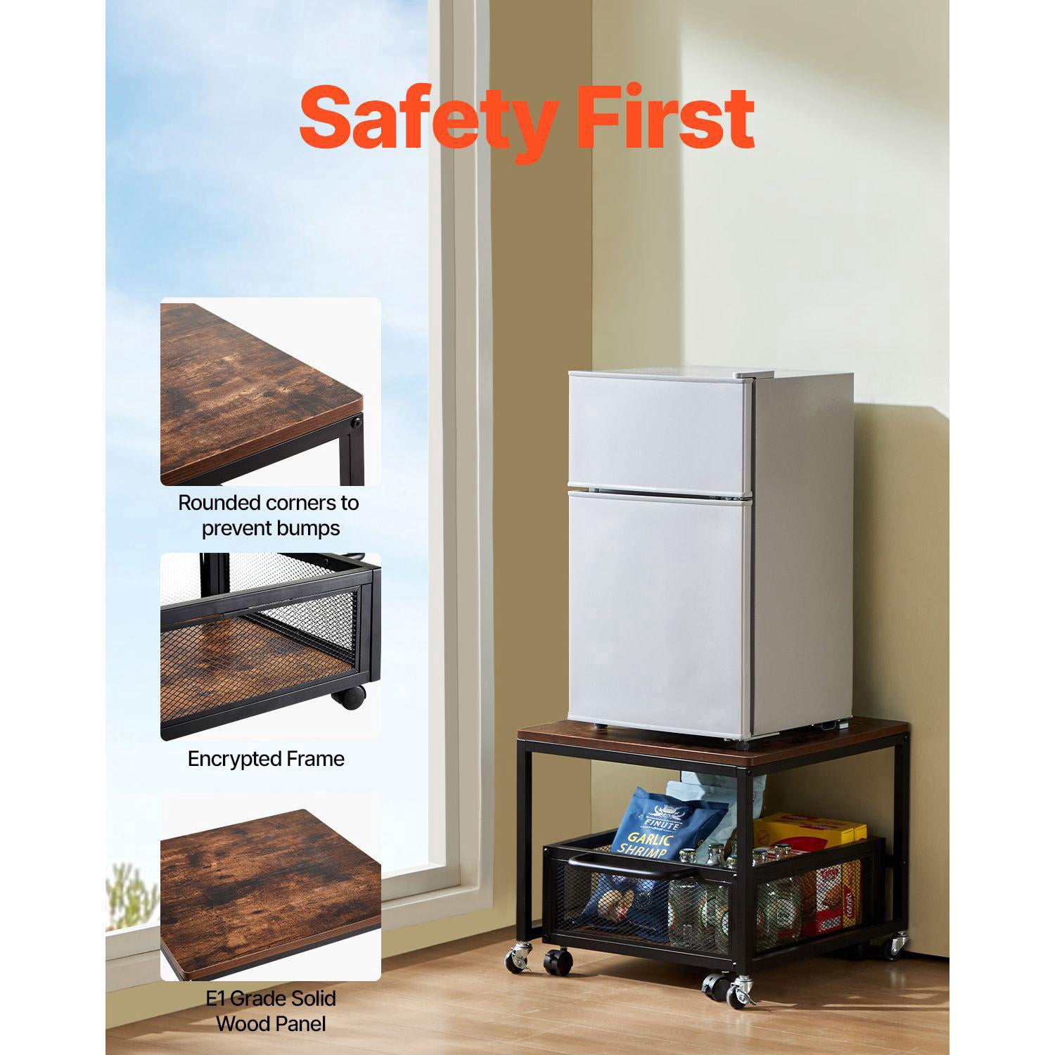 Mini Fridge Stand with Storage Cart 198 lbs Capacity Movable Swivel Wheels Beverage Refrigerator Table for Home Dorm Coffee Bar Dark Brown