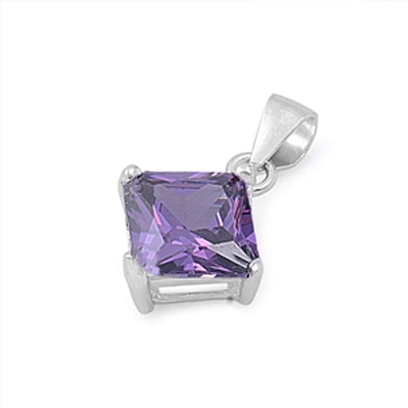 Solitaire Square Pendant Simulated Amethyst .925 Sterling Silver Charm Jewelry Female Unisex