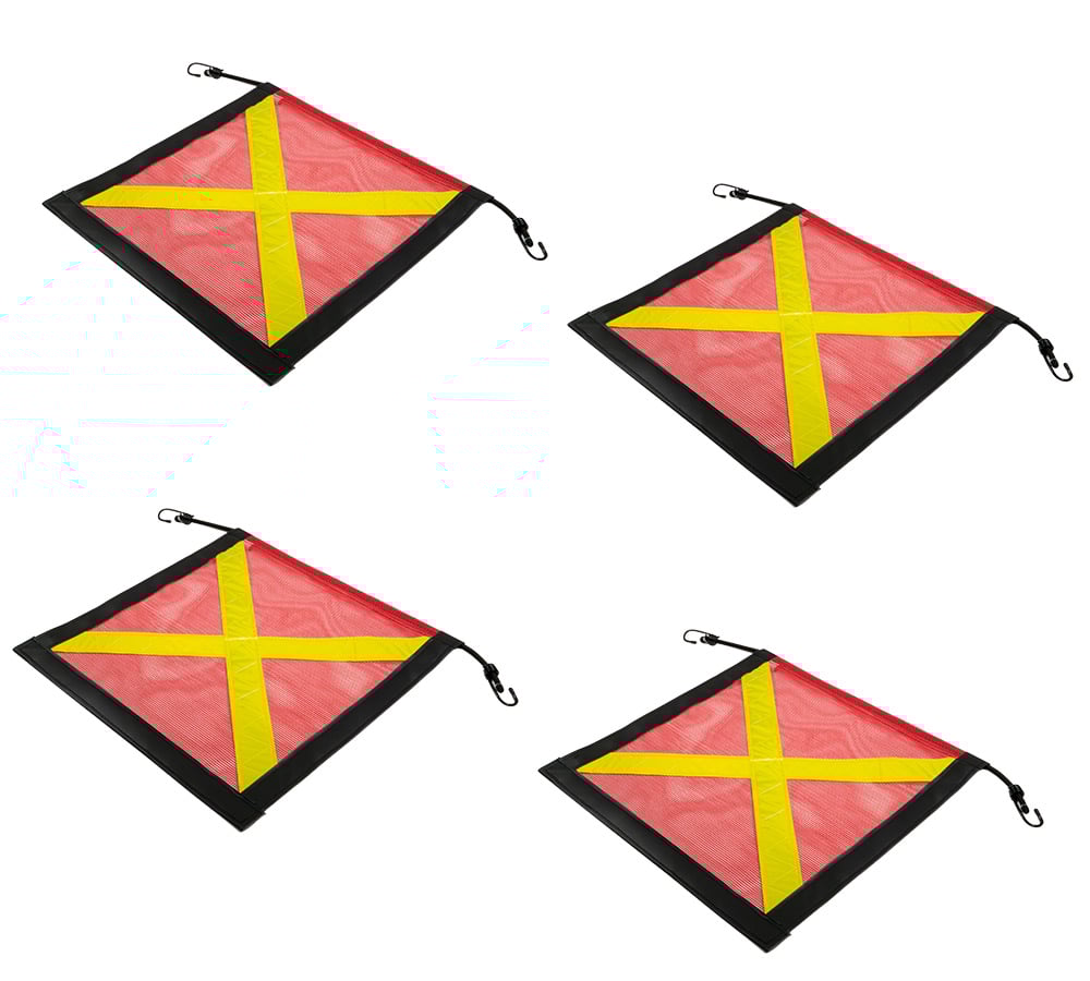 4 Pack Red Safety Flag with Bungees Cord DOT Compliant - 18 Inch x 18 Inch Reflective High Visibility X - Black Leather Webbing Mesh Warning Flags