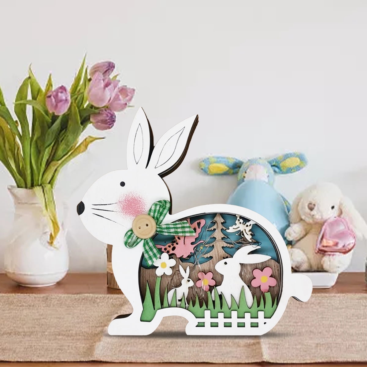 Easter Decorations Handmade Real Wax Mama & Baby Rabbit Bunny Battery LED Lights 