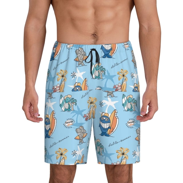 Balery Cute Animals Surfers Pantalones cortos de pijama de punto de algodón para hombre con cinturilla y bolsillos-3X-Large