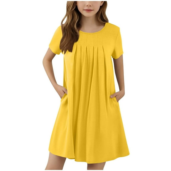 Diufon Girls Dress Basic Short Sleeve Crew Neck A Line Pleated Dresses Summer Casual Loose Dress with Pockets
