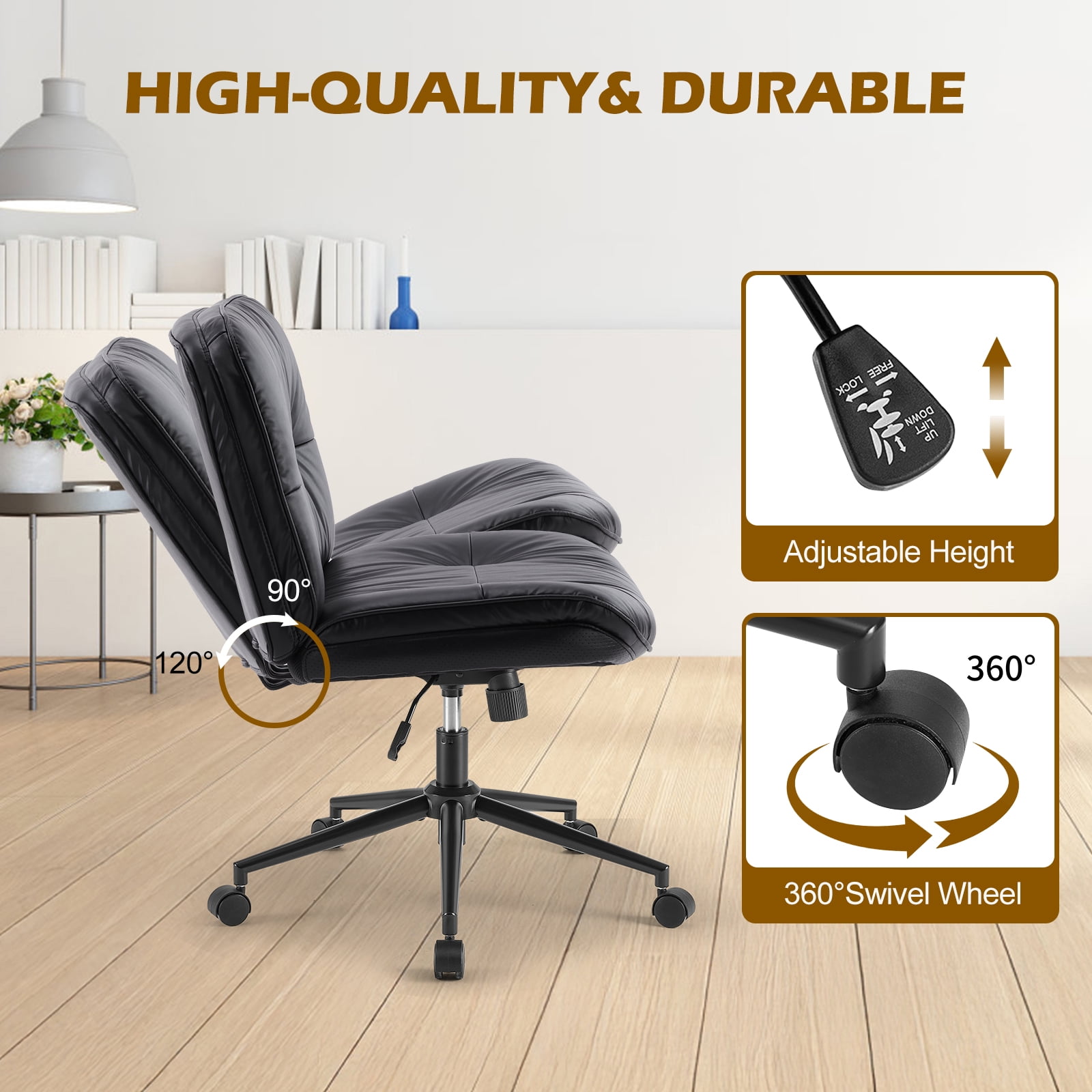 GIANNA Comfy PU Leather Criss Cross Office Chair, Durable and Ergonomic Modern Vanity Chair for Home Office and Study, With Wheels, Black