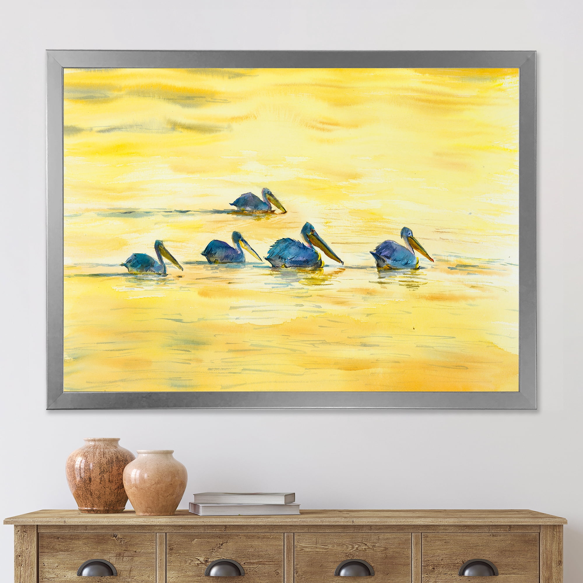 Designart 'Pelicans Birds On The Yellow River' Farmhouse Framed Art Print