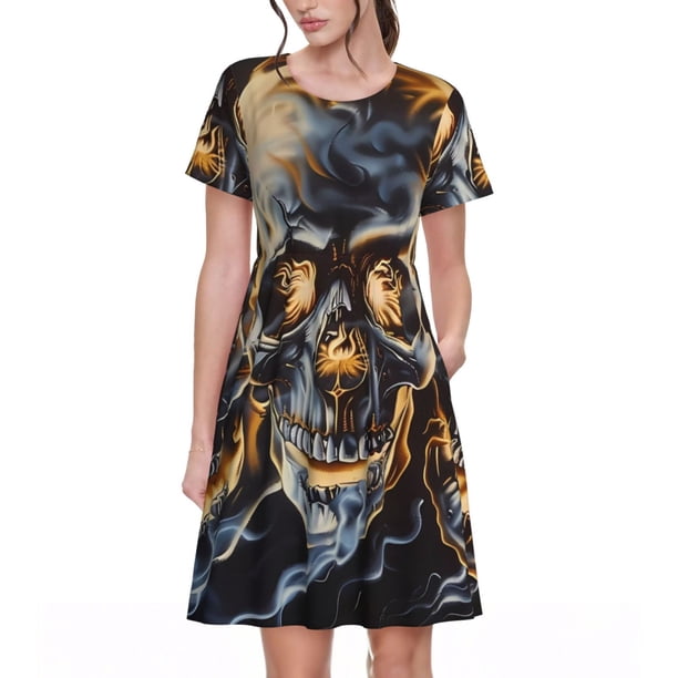 Balery Fiery Skull Trio Vestidos sueltos de manga corta para mujer, vestidos de verano 2025, vestidos casuales de corte A con vuelo.