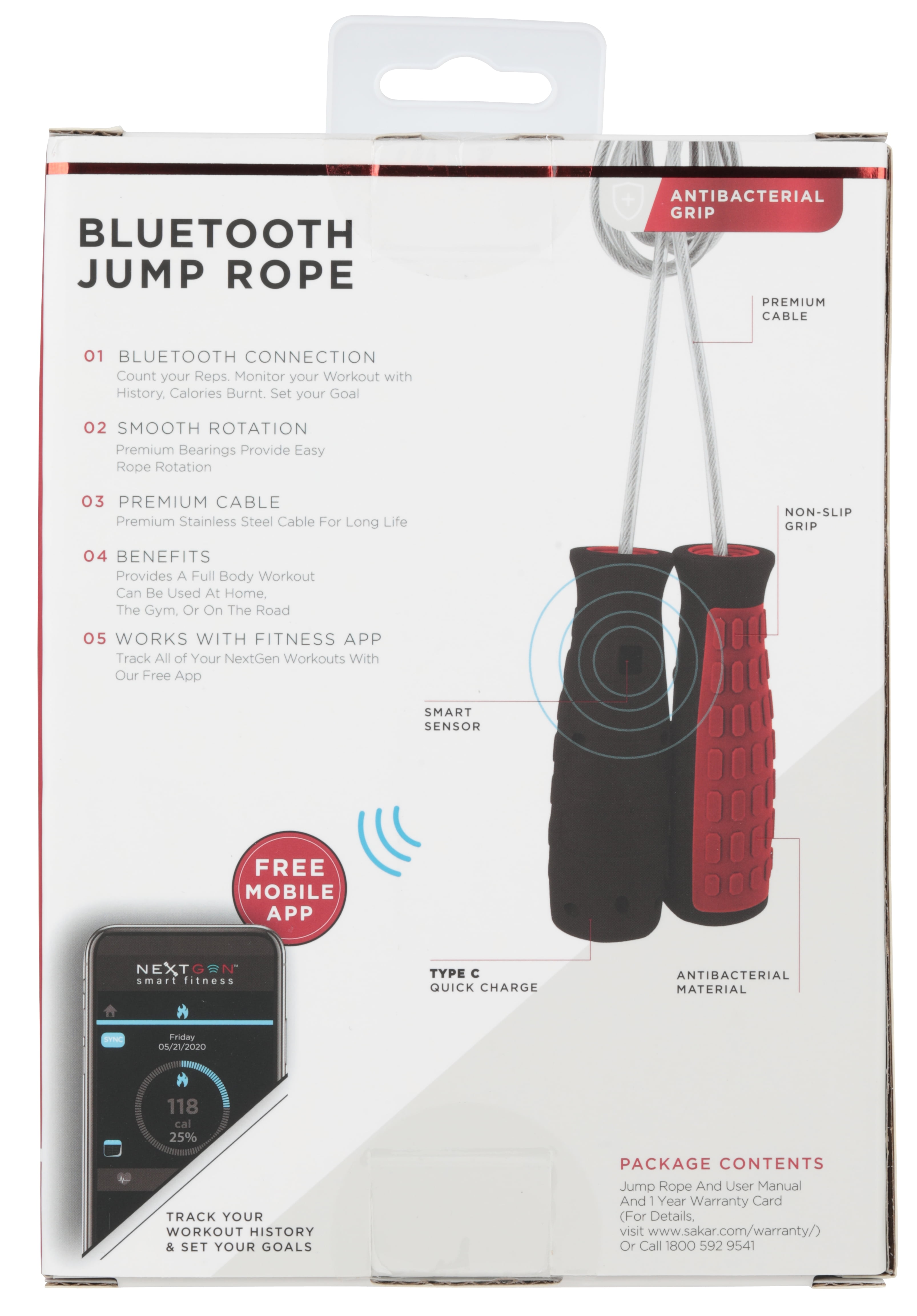 NextGen Smart Fitness Bluetooth Jump Rope, Textured Grip, Pairs with App to Track Heart Rate, Reps, Calories Burned