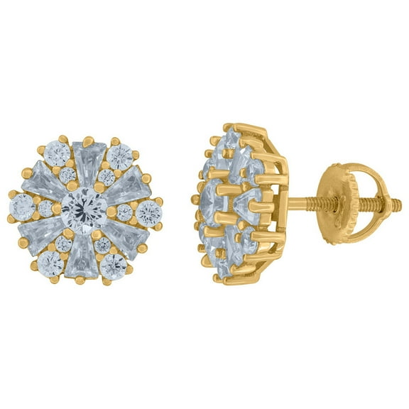 925 Sterling Silver Yellow-tone Womens Baguette Round Cubic Zirconia Flower Fashion Stud Earrings 10.7mm Wide Stud Earri