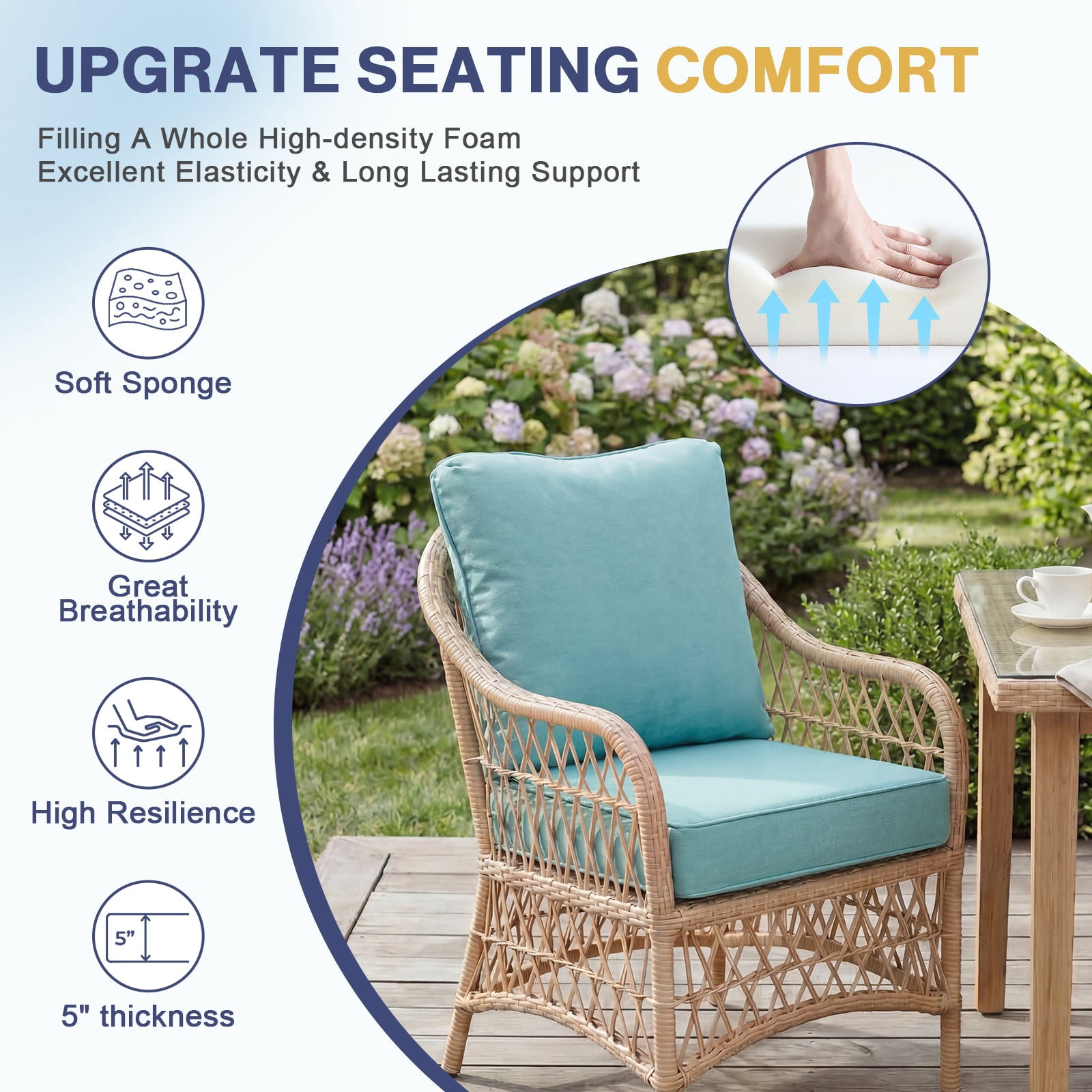 Aoodor 23 x 25 Inch Outdoor Seat Cushion, Water-Resistant & Fade Resistant Deep Seat and Back Cushion with Removable Cover for Patio Furniture Chair, Sofa and Couch, Caribbean Turquoise