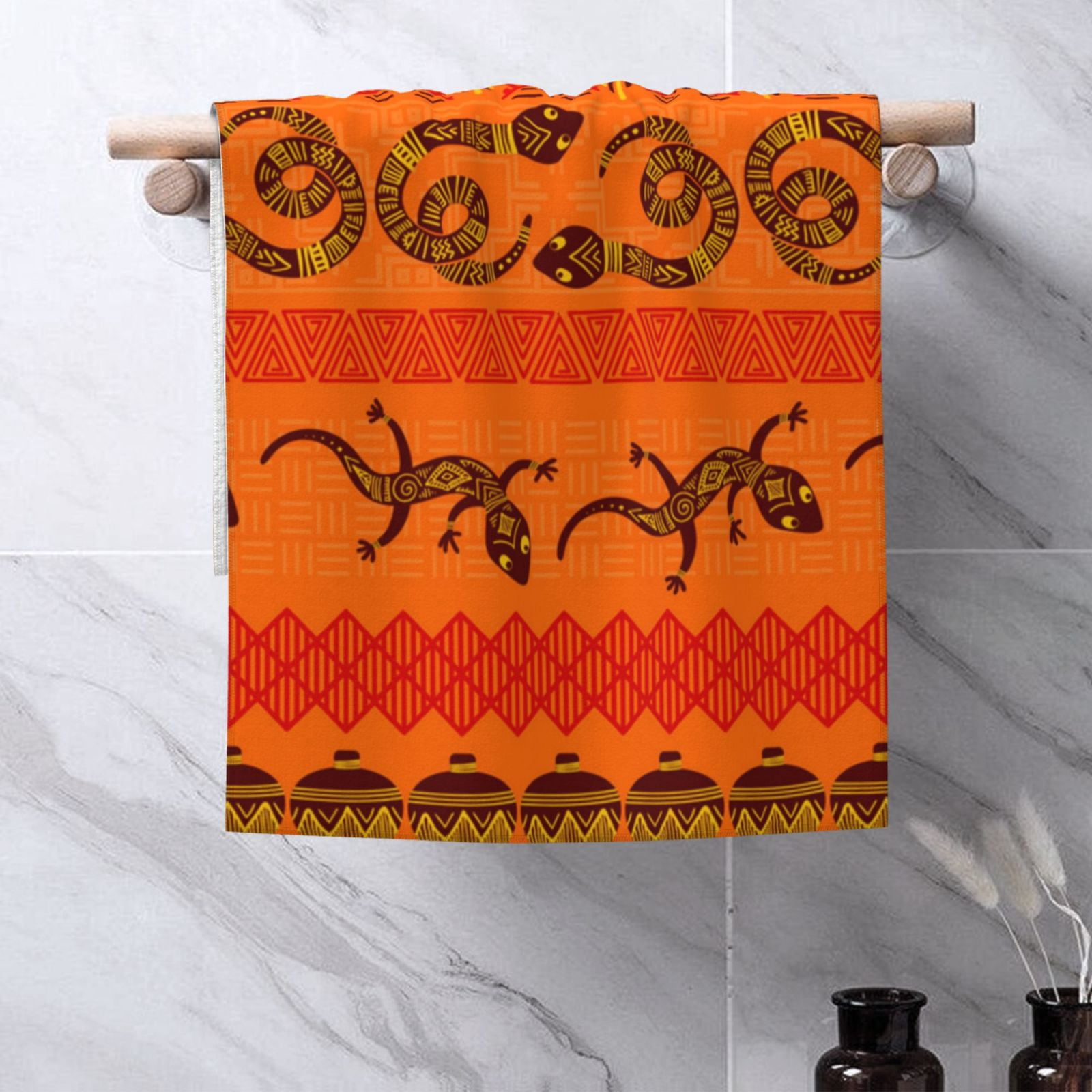 Tribal Ethnic Elephant African Geometric Lizard 27.5" x 16" Ultra Soft Hand Towel, Face Wash Cloth for Bathroom, Gym, Travel, Pool