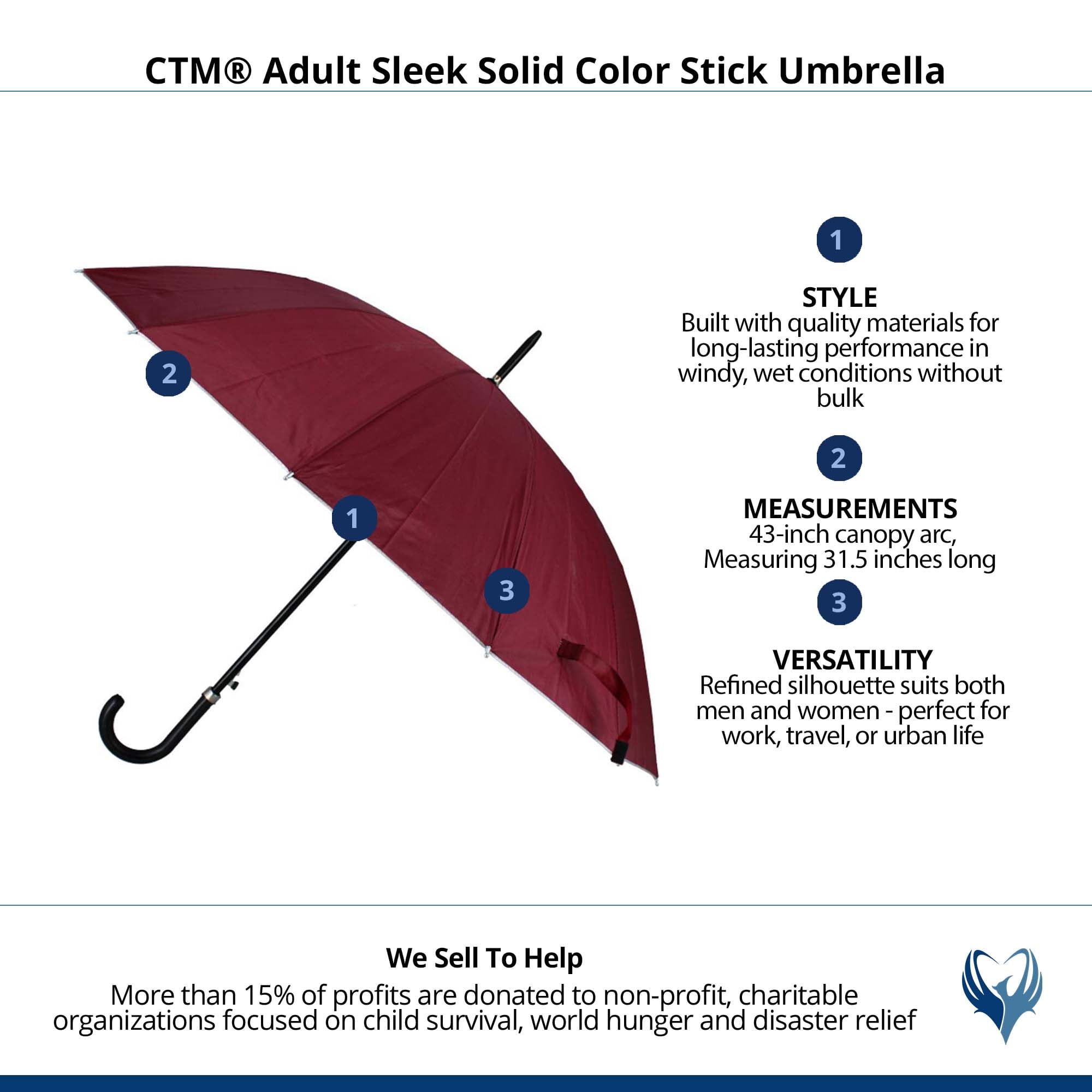 CTM Adult Sleek Solid Color Stick Umbrella