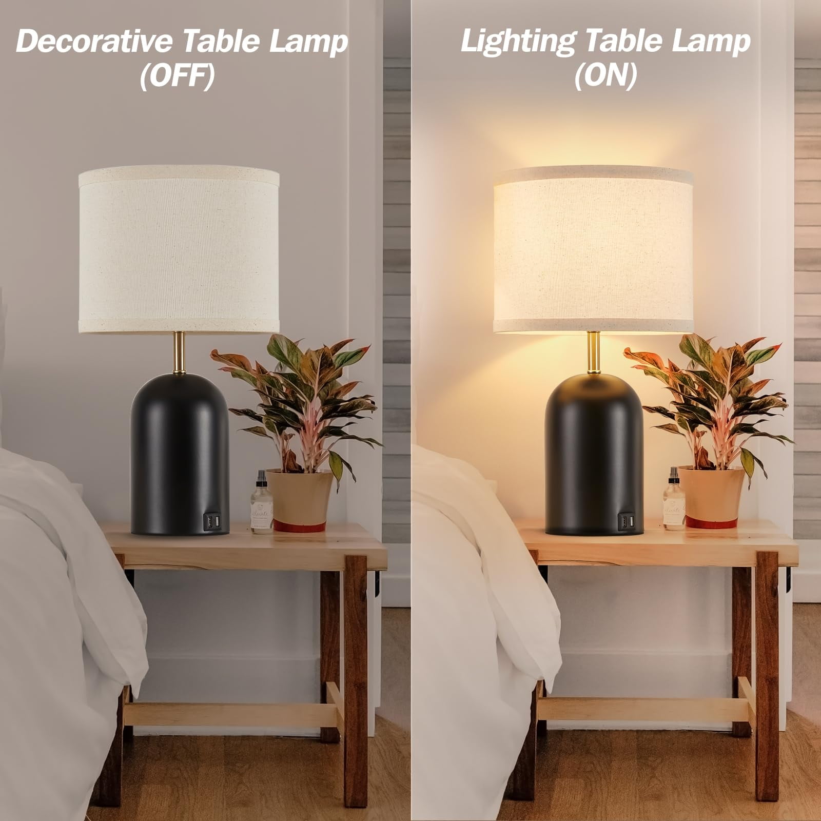 Natyswan Touch Control Table Lamps Set of 2, Modern Bedside Lamp with 2 USB Ports, 3-Way Dimmable Black Nightstand Lamp with Fabric Shade for Living Room Bedroom Office Dorm (LED Bulbs Included)