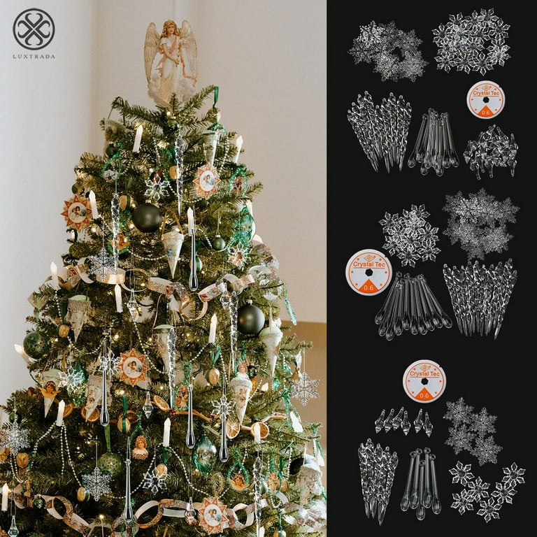 Luxtrada 26/40/57Packs Clear Acrylic Christmas Snowflake Icicles Hanging Icicle Drop with Crystal Line Ornaments Set for New Year Party Christmas Tree