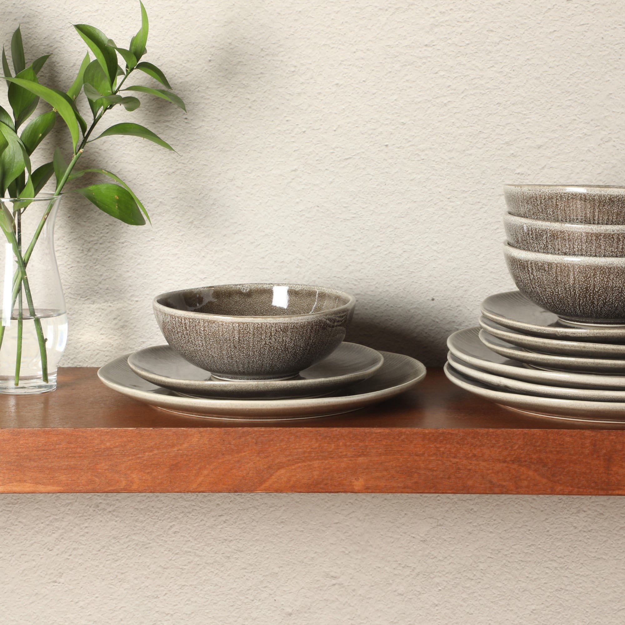 Gibson Elite Sandy Pines Stoneware Plates and Bowls Set - 12 Piece Reactive Glaze Dinnerware Set - Service for 4 - Dishwasher and Microwave Safe - Brown