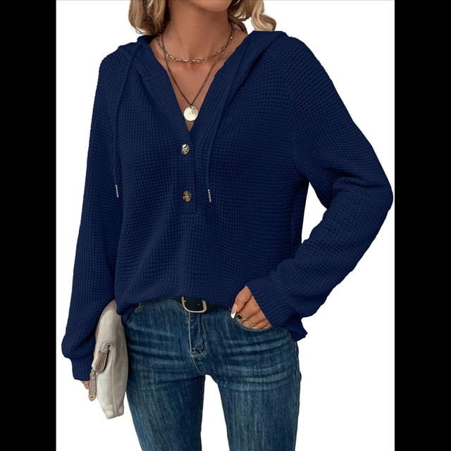 Sudadera con Capucha de Larga de Punto Gofre para Mujer, con Cordón, Botones, Cuello en V, Informal, con Capucha. Azul Marino L