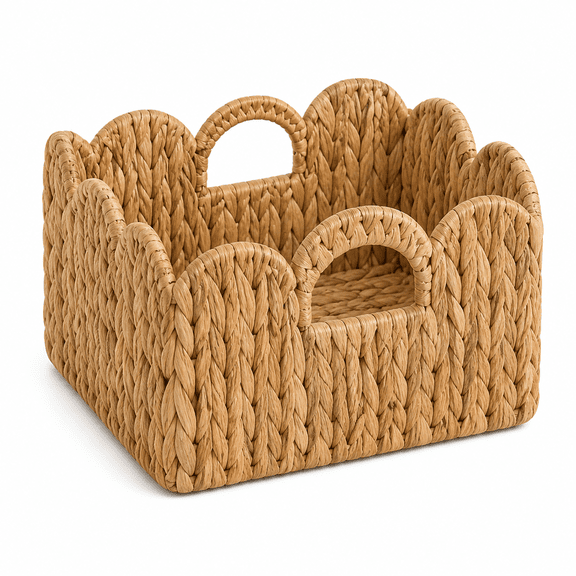 Scalloped Wicker Storage Basket with Handles, 9 x 9 x 4.9 in Small Handwoven Square Organizer Bin for Bathroom, Countertop, Shelves and Bedroom, Natural