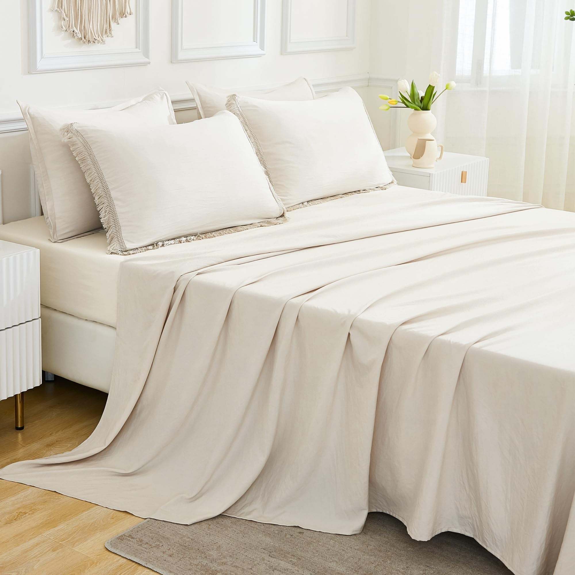 Andency King Size Comforter Set Beige, 3 Pieces Boho Bedding Comforters ＆ Sets, All Season Soft Tufted Farmhouse Bed Set (104x90In Comforte並行輸入品